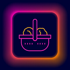 Glowing neon line Shopping basket and food icon isolated on black background. Food store, supermarket. Colorful outline concept. Vector