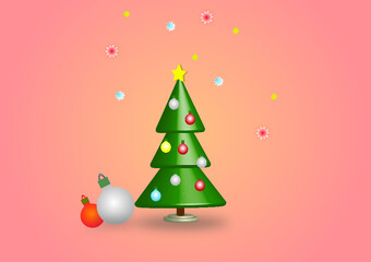 Bożonarodzeniowa choinka przystrojona kolorowymi bombkami i gwiazdą. Jest ona umieszczona na jasnym, różowym tle.