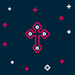 Line Christian cross icon isolated on blue background. Church cross. Colorful outline concept. Vector