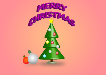 Świąteczna bożonarodzeniowa choinka przystrojona kolorowymi bombkami, z umieszczoną na szczycie gwiazdą i napisem "Merry christmas"