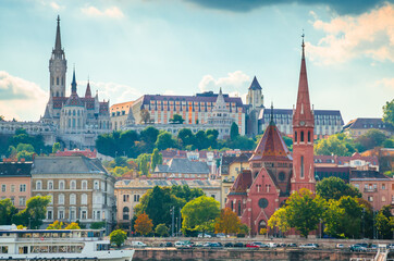 Panoramic view of Fisherman Bastion from Danube river in Budapest, Hungary
