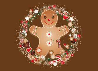 fröhlicher Lebkuchenmann im Plätzchen Kranz