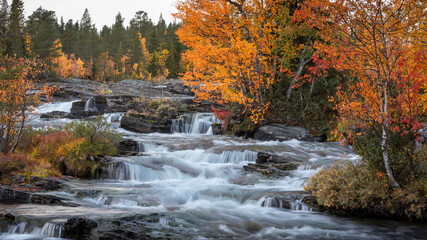 Trappstegsforsen waterfall in autumn along the Wilderness Road in Lapland in Sweden, clouds in the sky.