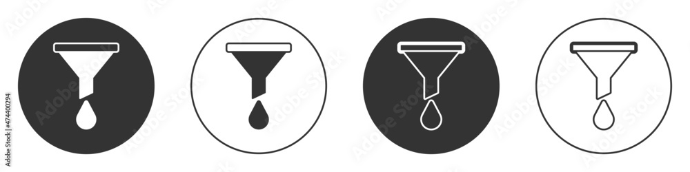 Poster black funnel or filter icon isolated on white background. circle button. vector