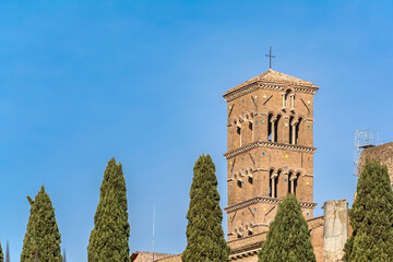 Tower of the Basilica di Santa Francesca Romana situated next to the Roman Forum in Rome, Italy