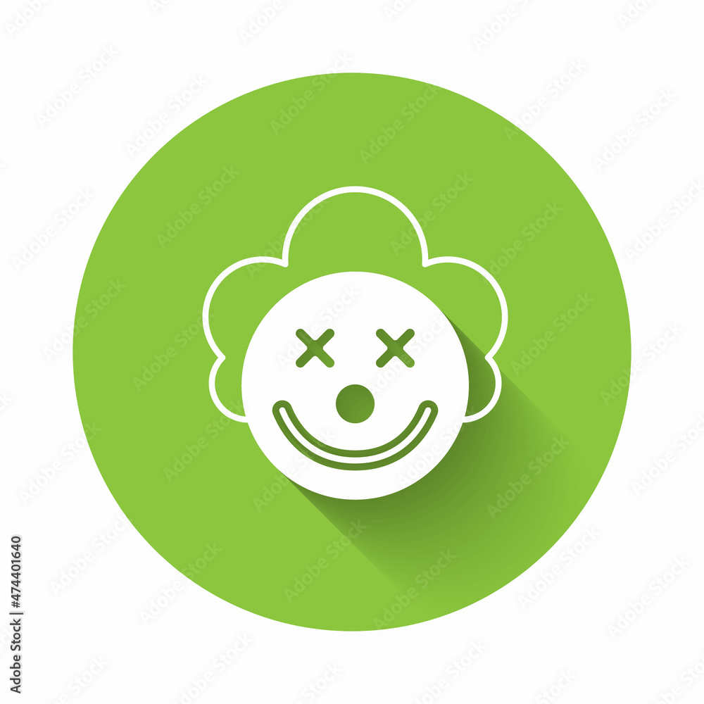 Poster white clown head icon isolated with long shadow background. green circle button. vector