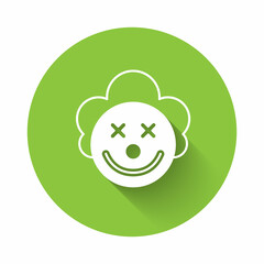 White Clown head icon isolated with long shadow background. Green circle button. Vector