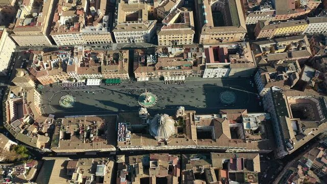 Aerial drone video of iconic masterpiece elliptic square - Piazza Navona, Rome historic centre, Italy