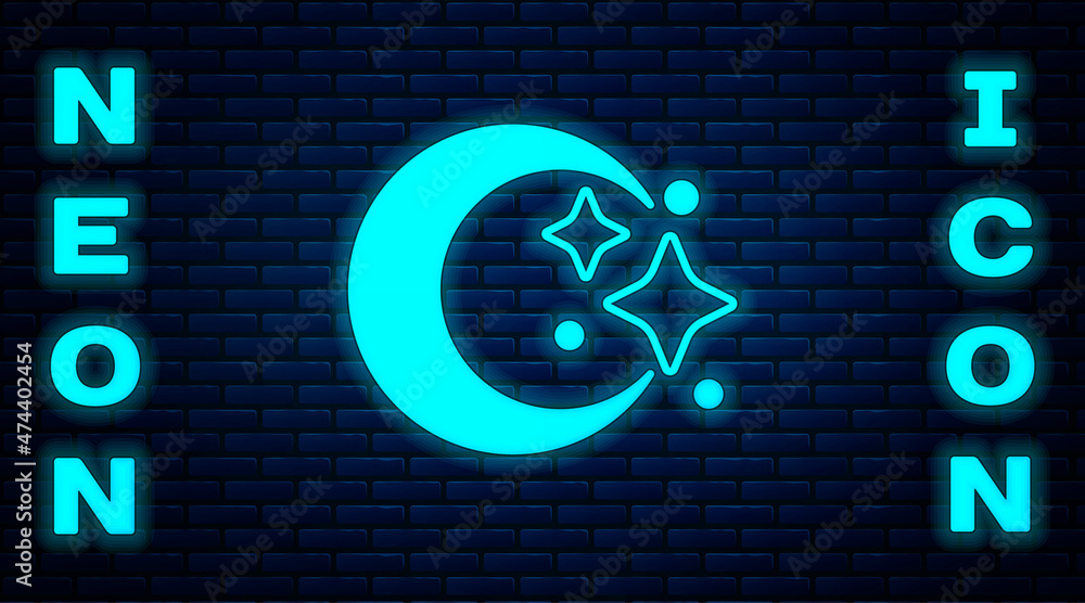 Sticker Glowing neon Moon and stars icon isolated on brick wall background. Cloudy night sign. Sleep dreams symbol. Full moon. Night or bed time sign. Vector