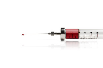 Fototapeta premium glass syringe with blood on a white background