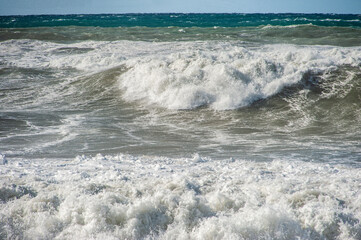 A strong November wind drives roaring waves to the shore, tearing white foam from them. All the...