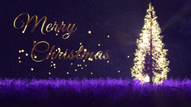 Merry Christmas - Textanimation in zauberhafter M&auml;rchenwelt mit Tannenbaum (Lichterbaum) und umherfliegenden Irrlichtern (Gl&uuml;hw&uuml;rmchen, Feen, Elfen) in zauberhafter samten violetter Umgebung