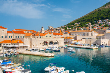 Naklejka premium View of old harbor at city Dubrovnik, Croatia.