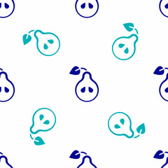 Blue Pear icon isolated seamless pattern on white background. Fruit with leaf symbol. Vector