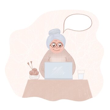 Happy grandma with laptop, home