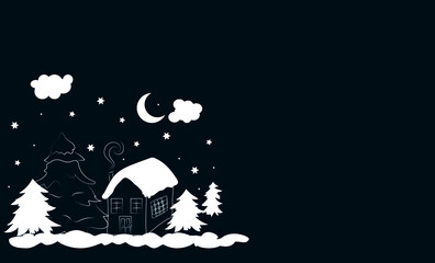 Vector image. Christmas card. House in the snowy, winter  forest. Moon and stars above the house.