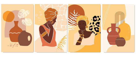 Fototapeta na wymiar A set of contemporary abstract posters with exotic antique vases, bottles, palm leaves, African women. African exotic still life. Rainbow and sun in boho style. Vector graphics.