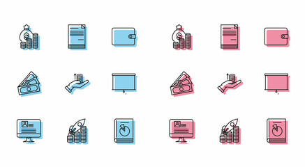 Set line Computer monitor with resume, Rocket flying up coins growth chart, Money bag and, User manual, hand, Chalkboard, Stacks paper money cash and Document icon. Vector
