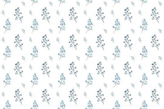 Christmas seamless pattern in engraving style. Vintage. Botanical background with coniferous plants, ferns and berries. illustration. Blue.