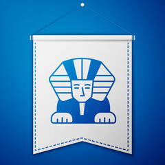 Blue Sphinx - mythical creature of ancient Egypt icon isolated on blue background. White pennant template. Vector