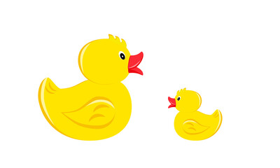 Toy duck with duckling, in a flat style. Isolated on white background vector illustration.
