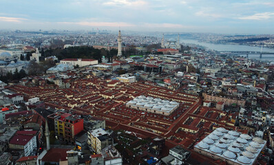 Aerial view of Grand Bazaar market, located in the old city of Istanbul, Turkey. One of the oldest and largest covered public markets in the world.