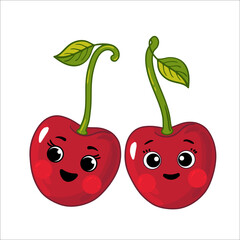 Cherry is a cute character. Berry, fruit cartoon vector illustration, cherry in children's cartoon style. isolated on white background. - 474406859