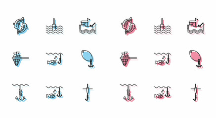 Set line Fishing hook under water, with fish, and float, spoon, net and icon. Vector