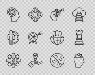 Set line Gear with dollar symbol, Human gear inside, Head hunting concept, Light bulb hand, head, Target arrow, Piece of puzzle and Business strategy icon. Vector