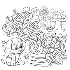 Maze or Labyrinth Game. Puzzle. Tangled road. Coloring Page Outline Of cartoon little dog with doghouse or kennel. Coloring book for kids.