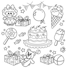 Coloring Page Outline Of holiday gifts with toys, with cake, candy and ice cream. Set for children Birthday.  Coloring book for kids.