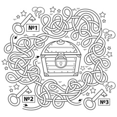 Maze or Labyrinth Game for Preschool Children. Puzzle. Tangled Road.  Coloring Page Outline Of Cartoon keys and closed treasure chest. Coloring book for kids