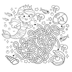 Naklejka premium Maze or Labyrinth Game. Puzzle. Tangled road. Coloring Page Outline Of cartoon beautiful little mermaid with shells. Marine princess. Underwater world. Coloring book for kids.