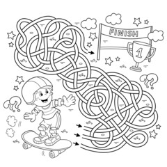 Maze or Labyrinth Game. Puzzle. Tangled road. Coloring Page Outline Of cartoon boy with skateboard. Sport activity. Coloring book for kids.