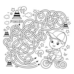 Maze or Labyrinth Game. Puzzle. Tangled road. Coloring Page Outline Of cartoon little boy on bicycle or bike. Sport activity. Coloring book for kids.