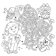 Maze or Labyrinth Game. Puzzle. Tangled road. Coloring Page Outline Of cartoon girl with toys. Coloring book for kids.