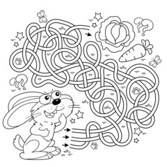 Maze or Labyrinth Game. Puzzle. Tangled road. Coloring Page Outline Of cartoon little bunny or hare with carrot and cabbage . Coloring book for kids.