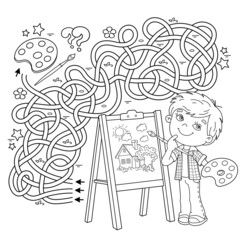 Maze or Labyrinth Game. Puzzle. Tangled road. Coloring Page Outline Of cartoon boy with brush and paints. Little artist with easel. Coloring book for kids.
