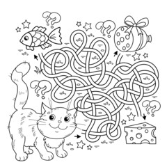 Maze or Labyrinth Game. Puzzle. Tangled road. Coloring Page Outline Of cartoon cat with sausage, fish and cheese. Coloring book for kids.