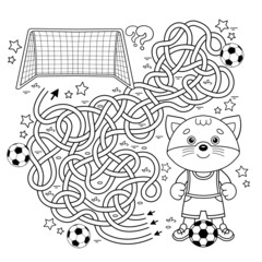 Maze or Labyrinth Game. Puzzle. Tangled road. Coloring Page Outline Of cartoon cat with soccer ball. Football. Sport activity. Coloring book for kids.