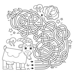 Maze or Labyrinth Game. Puzzle. Tangled road. Coloring Page Outline Of cartoon goat with cabbage. Farm animals. Coloring book for kids.