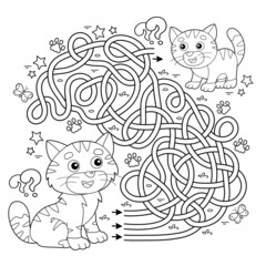 Fototapeta na wymiar Maze or Labyrinth Game. Puzzle. Tangled road. Coloring Page Outline Of cartoon cat with kitten. Coloring book for kids.