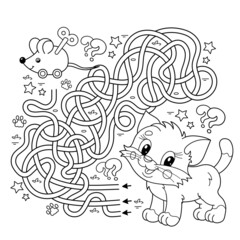 Maze or Labyrinth Game. Puzzle. Tangled road. Coloring Page Outline Of cartoon little cat with toy clockwork mouse. Coloring book for kids.