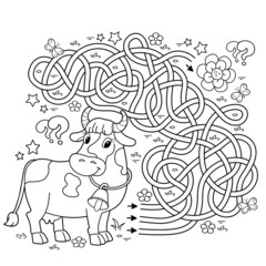 Maze or Labyrinth Game. Puzzle. Tangled road. Coloring Page Outline Of cartoon cow with bell. Collect flowers. Coloring book for kids.