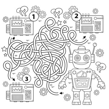 Maze or Labyrinth Game. Puzzle. Tangled road. Coloring Page Outline Of cartoon robot. Coloring book for kids.