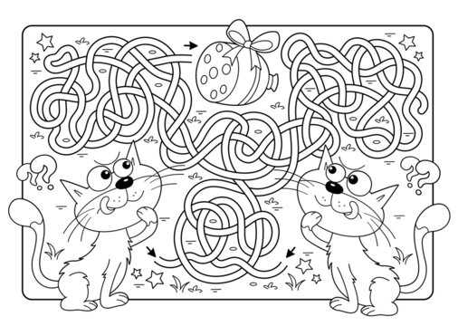 Maze or Labyrinth Game. Puzzle. Tangled road. Coloring Page Outline Of cartoon cats with sausage. Coloring book for kids.