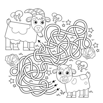 Maze or Labyrinth Game. Puzzle. Tangled road. Coloring Page Outline Of cartoon goat with goatling or kid. Farm animals with their cubs. Coloring book for kids.