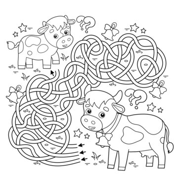 Maze or Labyrinth Game. Puzzle. Tangled road. Coloring Page Outline Of cartoon cow with little calf. Farm animals with their cubs. Coloring book for kids.