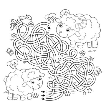 Maze or Labyrinth Game. Puzzle. Tangled road. Coloring Page Outline Of cartoon sheep with little lamb. Farm animals with their cubs. Coloring book for kids.