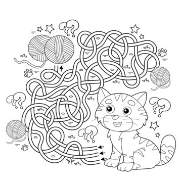 Maze or Labyrinth Game. Puzzle. Tangled road. Coloring Page Outline Of cartoon cat with ball of yarn. Coloring book for kids.